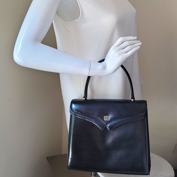 Vintage Givenchy Top Handle Kelly Black Leather Medium Tote Hand Bag Authentic - Picture 13 of 13